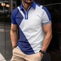 Ανδρικό μπλουζάκι πόλο slim fit με μπλε και λευκό σχέδιο color block και φερμουάρ - S / Βασιλικό Μπλε