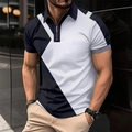 Polo pour homme ajusté avec motif géométrique color-block et col zippé moderne - S / Noir