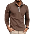 Close-up of brown long sleeve Polo shirt with contrast white piping on collar and pocket - 4XL / Tops / Khaki (OK236)