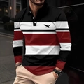 Close-up of the striped long sleeve polo shirt with classic collar and eagle logo embroidery - 4XL / Tops / Red (OK238)