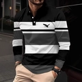 Detail of long sleeve polo shirt featuring eagle logo and tricolor block stripes - 4XL / Tops / Grey (OK238)