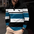 Detailed close-up of striped long-sleeve polo shirt with eagle silhouette print on chest - 4XL / Tops / Blue (OK238)
