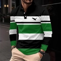 Close-up of men's striped long sleeve polo shirt featuring eagle silhouette and chest detail - 4XL / Tops / Green (OK238)