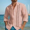 Herren Langarmhemd in Pfirsichfarben mit Stickerei und lockerem Schnitt am Strand - 3XL / Rosa-Schwarz Stickmuster-Stil