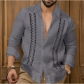 Detailed view of grey linen-blend shirt with ethnic geometric embroidery patterns - 3XL / Dark Gray Geometric Hollow Style