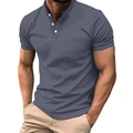 Chemise Henley ajustée à manches courtes pour hommes en bleu gris avec poche de poitrine - S / Style à Poche et Col Montant / Gris Bleu