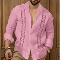 Nahaufnahme von rosa Leinenhemd mit vertikalen hohl gestickten Details für Herren - 3XL / Rosa-Braun Stickerei Detail Stil