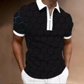 Men's black quarter-zip Polo shirt with blue geometric honeycomb print and white trim - S / Tops / Black Hexagonal Honeycomb Print (PSLL205)