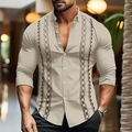 Close-up of beige long sleeve shirt featuring brown geometric embroidery and white buttons - 3XL / Beige Geometric Pattern Embroidery Style