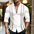 Close-up of brown geometric diamond prints on a white long-sleeve casual button-up shirt - 3XL / White Argyle Geometric Style