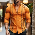 Detail showing ginger yellow shirt with vertical black geometric pattern and cotton linen texture - 3XL / Ginger Geometric Print Style