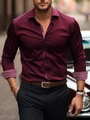 Men's slim fit long sleeve shirt in deep burgundy with red geometric pattern inner cuffs - S / Dark Wine Red with Geometric Lining (S9078491-Red)