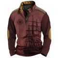 Detail of nautical ship and compass print on wine red half-zip vintage sweatshirt - S / Deep Wine Red Sailing Style (LLPL2752-Red)