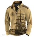 Detail of nautical 3D print with sailboat and compass on brown half-zip sweatshirt - S / Brown Nautical Workwear Style (LLPL2752 Khaki)