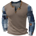 Detail von Waffelstrick und blauem Denim-Print-Ärmeln am Herren-Henley-Polohemd - 3XL / Oberteile / Khaki Waffel Denim Patchwork (HJ-1225-044)