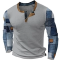 Detail der Waffelstrick-Textur und Colorblock-Denim-Patchwork-Ärmel am Henley-Shirt - 3XL / Oberteile / Grau Waffel Denim Patchwork (HJ-1225-045)