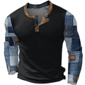 Detail von Waffelstrick und Patchwork-Druck an den Ärmeln des Herren Henley-Shirts - 3XL / Oberteile / Schwarz Waffel Denim Patchwork (HJ-1225-046)