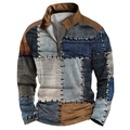 Detailed close-up of retro patchwork print with faux denim and stitching on the quarter-zip - S / American Patchwork Workwear Style (LLPL2771)