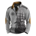 Close-up of vintage sailing ship and compass print on retro men's long sleeve sweatshirt - S / Light Grey Compass Print Style (LLPL2772)