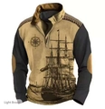 Detail of 1/4 zip collar and vintage nautical sail boat print on khaki men's sweatshirt - S / Khaki Black Patchwork Style (LLPL2773)