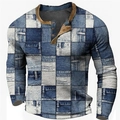 Langarm-Henley-Shirt für Herren mit digitalem Denim-Patchwork-Druck und Knopfleiste - 3XL / Oberteile / Denim Patchwork Druck (HJ-1225-026)
