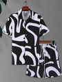 Dettaglio del set camicia a maniche corte e pantaloncini con stampa di palme su gruccia - S / Linee Astratte Bianco E Nero (DS+DK-22-Nero)