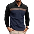 Close-up of the metal zipper neck and textured tricolor knit fabric on this men's polo - S / Navy Blue Horizontal Patchwork (CXPL95-Navy)