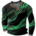 Langärmliges Herren-Henley-Shirt mit grünem Digitaldruck und geknöpftem Ausschnitt - 3XL / Oberteile / Schwarz Grün Aurora Textur (HJ-1225-030)