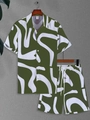 Detail of tropical palm wave pattern on men's short sleeve shirt and drawstring shorts - S / Top And Bottom / Green and White Wave Pattern (DS+22-Green)