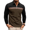 Detail of men's polo with half-zip, three-tone color block and ribbed cuffs - S / Brown Horizontal Patchwork (CXPL95-Brown)