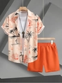 Men's summer casual two-piece set with tropical coconut tree print shirt and orange shorts - S / Top And Bottom / Light Peach Tropical Style (DS+23)