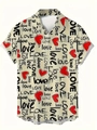 Men's short sleeve lapel shirt with 3D digital LOVE and red heart graffiti prints - S / Heart Graffiti Style(HD-DS-361)