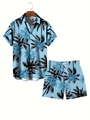 Detail of light blue short-sleeved shirt and shorts set with black coconut tree prints - S / Top And Bottom / Light Blue Coconut Tree (DS+25)