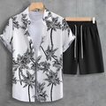 Detail of summer set with white coconut palm shirt, white T-shirt and black shorts - S / Top And Bottom / White Coconut Shirt With Black Shorts