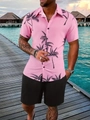 Close-up of pink tropical shirt with coconut tree print and black shorts on vacation - S / Top And Bottom / Pink and Black Coconut Tree (DS+DK-27-Pink)