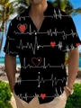 Détail d'une chemise de plage à manches courtes avec lignes ECG blanches et motifs cœurs - S / Hauts / Style de Cœur ECG Noir(HD-DS-369)
