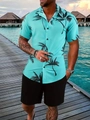 Close-up of tropical coconut tree print shirt and casual shorts for beach vacation wear - S / Top And Bottom / Lake Green Coconut Tree (DS+DK-27-Sky Blue)