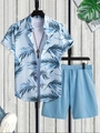 Flat lay of a men's light blue tropical palm print shirt and matching casual shorts set - S / Top And Bottom / Light Blue Palm Leaves (DS+28-Blue)