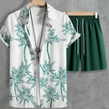 Detail of men's summer set with palm leaf print shirt and green drawstring shorts - S / Top And Bottom / Green Coconut Shirt With Green Shorts