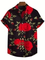 Détail de l'imprimé floral 3D roses rouges sur tissu noir d'une chemise homme à manches courtes - S / Haut - Style Floral de Rose Rouge (HD-DS-372) / Noir