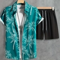 Detail of men's tropical palm tree print shirt with bolo tie and black casual shorts - S / Top And Bottom / Dark Green Coconut Print Set