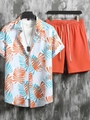Detail of tropical palm print shirt with orange drawstring shorts set for summer - S / Top And Bottom / Orange Palm Leaves (DS+29-Orange)