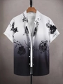 Détail d'une chemise homme à manches courtes avec imprimé floral et dégradé noir - S / Haut - Floral Dégradé Noir Blanc à l'Encre (HD-DS-374)