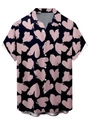 Détails de motifs de cœurs roses sur chemise noire à manches courtes et boutons - S / Haut - Graffiti Coeur Rose Noir (HD-DS-375)
