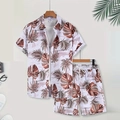 Close-up of men's summer set featuring brown tropical palm leaf print on white fabric - S / Top And Bottom / Light Brown Coconut Print Set