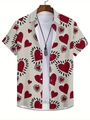 Détail d'imprimés cœurs rouges sur une chemise à manches courtes beige clair pour homme - S / Hauts / Impression de Graffiti de Cœur Beige (HD-DS-379)