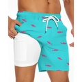 Detail of men's shark print swim trunks with built-in compression liner and phone pocket - XS / Cyan Shark Print