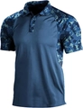Men's navy blue polo shirt featuring camouflage print on collar and sleeves - S / Dark Blue Camo Patchwork (PDX36251501)
