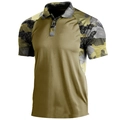 Men's khaki green polo shirt featuring camo and geometric patchwork on shoulders and sleeves - S / Olive Green Mixed Patchwork (PDX37271540)