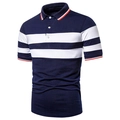 Men's navy polo shirt with white horizontal stripes and ribbed red-white striped collar - S / 藏青色双白横纹